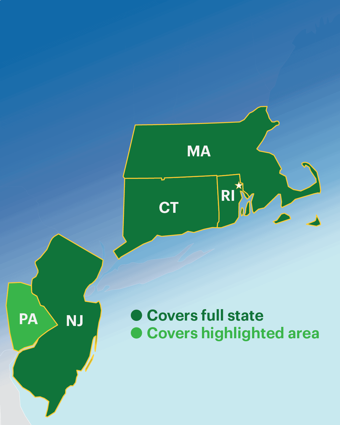 Evergreen Solar service area map covering MA, RI, CT, NJ, and PA